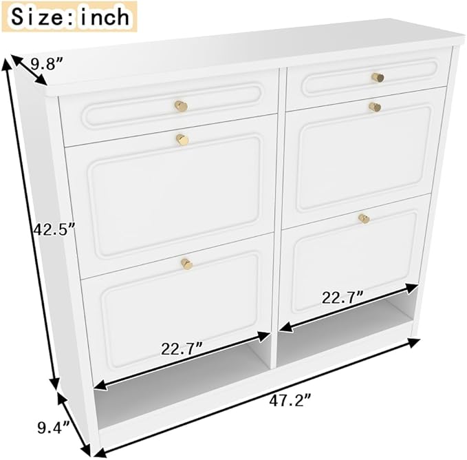 Wooden Shoe Cabinet with 4 Flip Drawers 2 Storage Drawers Farmhouse Style Shoe Organizer for Classified Storage Black (Light White)