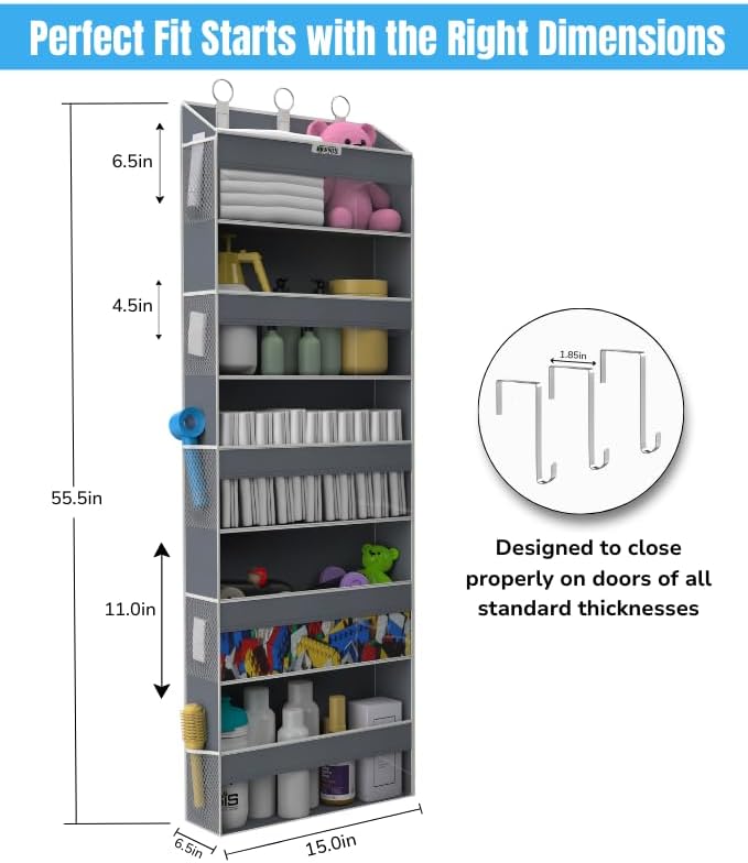 Over the Door Organizer with 5 Large Pockets & 10 Mesh Side Pockets – Durable Hanging Storage for Closet, Bathroom, Bedroom, and Nursery– Space Saving Door Storage with Sturdy Metal Hooks.