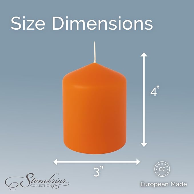 Stonebriar Unscented Pillar Candles – 35 Hour Burn Time, Long-Lasting Wax Candles for Weddings, Holidays, Home Décor & Special Events, Pack of 6, Orange, 3" x 4"