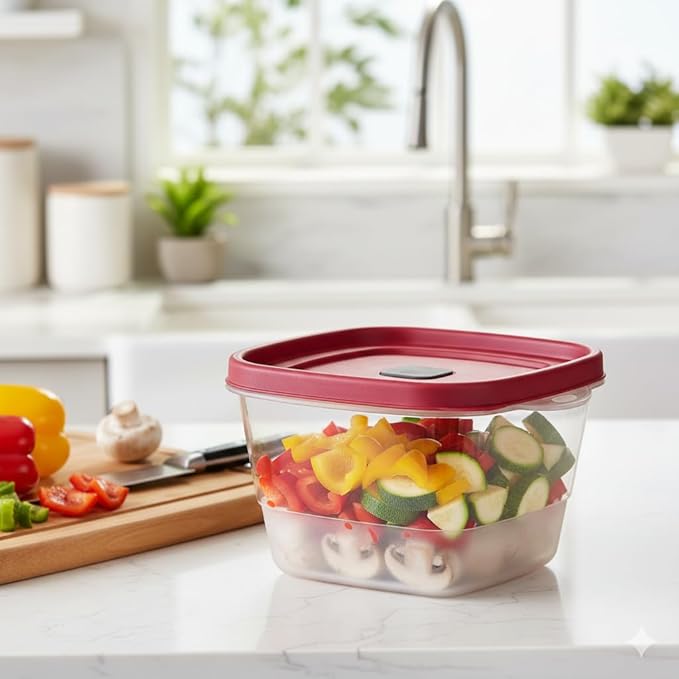 Tribello BPA-Free Plastic Food Storage Set, Red Vented Lids - Microwave, Dishwasher Safe: Perfect for Meal Prep, Leftovers, and Kitchen Organization (3 x 7-Cup)