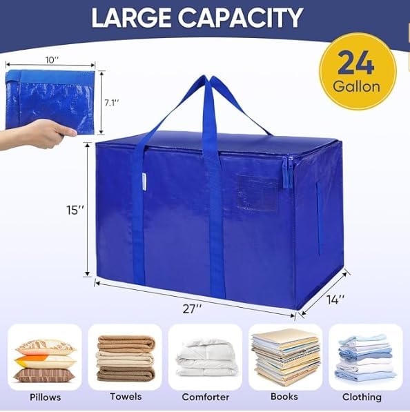 6-Pack Extra Large Heavy-Duty Moving Bags with Zippers & Handles - Space Saving Storage Solution