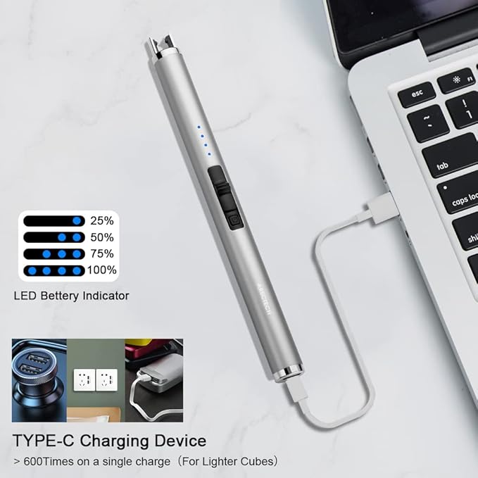 ARECTECH Rechargeable Electric Candle Lighter, Christmas Stocking Stuffers Gifts for Mom Men Wife, Arc Plasma Windproof Lighter for Candle Kitchen Birthday with Type-C Cable, Silver 2 Pack