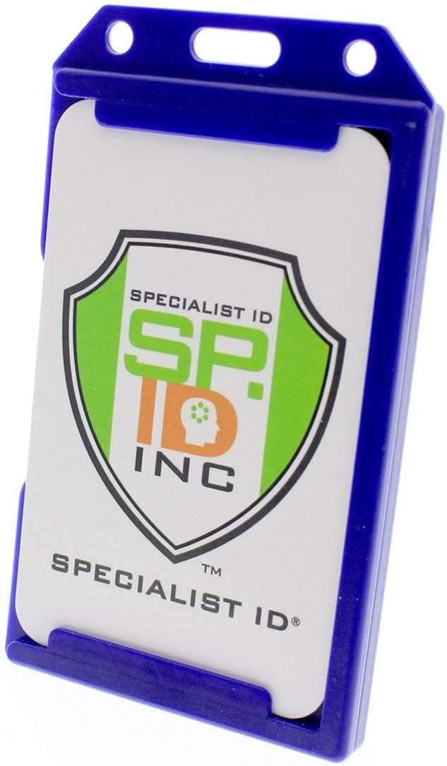 Bulk 50 Pack - Heavy Duty 2-Sided Rigid Multi Card Holder - Hard Plastic Vertical ID Badge Holders for 2 Standard or Thick Prox Cards, Fuel Card, CAC, Work Badge, Credit Cards by Specialist ID (Blue)