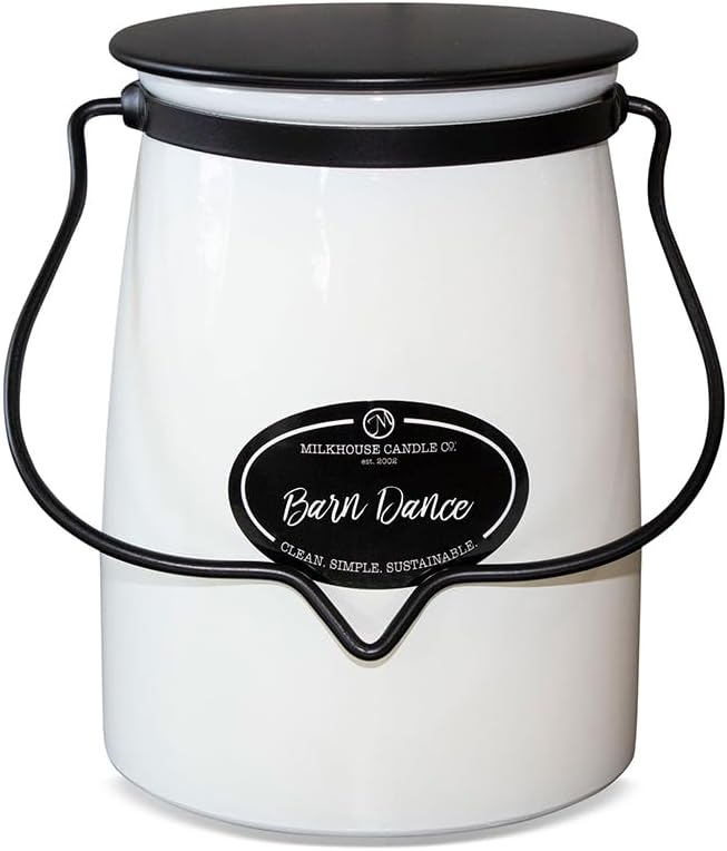 Milkhouse Candle Company Barn Dance Soy Candle - Bergamot | Patchouli Leaves | Sandalwood Scented - 22 oz Butter Jar with Lid, 120+ Hour Burn Time, Made in The USA