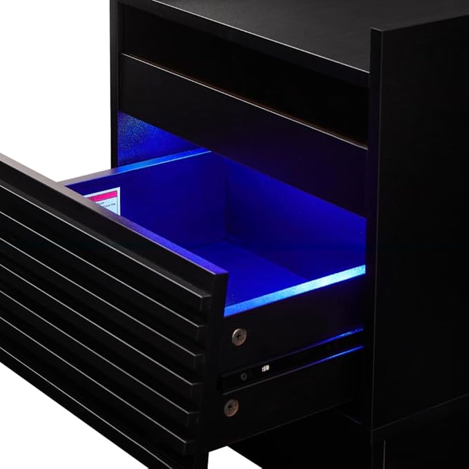 Mid Century Modern Nightstand with Charging Station LED Lights 2 Drawers Bedside Table for Bedroom Living Room (Black)
