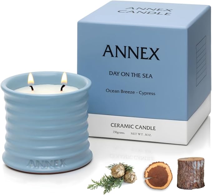 Annex Sea Breeze and Cypress Balls Luxury Scented Candle - 8oz Handmade Blue Ceramic Jar Candle, 50hr Clean Burn, 100% Non Toxic Soy Wax, Aesthetic Home Decor Gift for Men and Women - Sandalwood & Oud