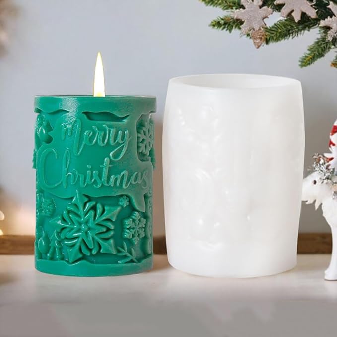 3D Relief Cylinder Christmas Candle Molds, Merry Christmas Letter Silicone Molds for Candle Making, Snowflake Aromatherapy Soap Molds Resin Casting Molds Gummy Molds for DIY Home Decoration Supplies