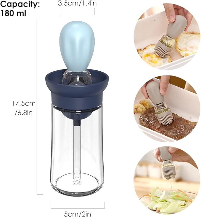TINMIX Oil Dispenser with Brush - 2 Pack Glass 2 IN 1 Olive Oil Dispensing Bottle with Basting Brush for Cooking Frying Baking Kitchen, 180ml, T-OB21 Blue+Grey