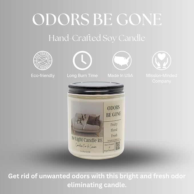 Odor Eliminating Candle Non-Toxic | Purpose-Driven Soy Scented | Fresh Linen Odor | 8oz Long Lasting Candle | Pet Odor Eliminator | Smoke Odor Eliminator (Odors Be Gone)