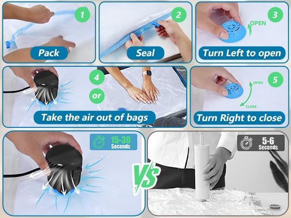 kissleaf 15 Pack Vacuum Seal Bag for Clothing with Electric Air Pump,Space Saver Vacuum Storage Bags for Clothes,Mattress, Blanket, Duvets, Pillows(3 Jumbo/3 Large/3 Medium/6 Small Bags)