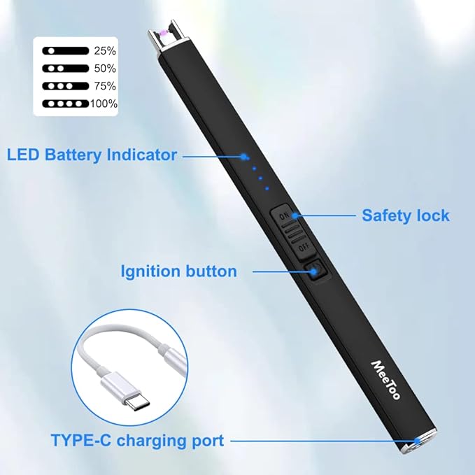 MeeToo Electric Candle Lighter Rechargeable Type-C - Gifts for Wife Men Women Nana, USB Plasma Arc Windproof Lighters for Candle Christmas Camping Kitchen Black