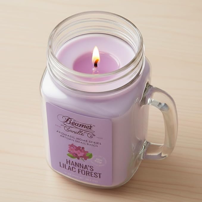 Hanna’s Lilac Forest Candle – Odor Eliminating, Strong Scent – Fresh Lilac Flowers – Long Lasting 90 Hour Burn – Large 12oz Mason Jar – Made in USA – Beamer Candle Co.
