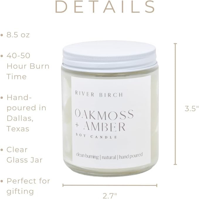 River Birch Candles Oakmoss + Amber Scented Candle | Premium, All-Natural, Non-Toxic, Soy Wax | 8.5oz 40 Hr Burn Time | Cozy Relaxing Gifts for Home