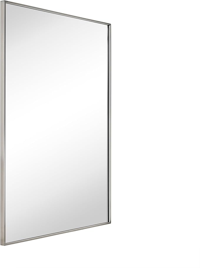 TEHOME Brushed Nickel Bathroom Vanity Mirror with Squared Corners, 24x32'' Silver Rectangle Stainless Steel Metal Framed Mirror for Bathroom