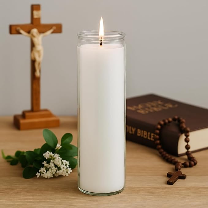 2x8 Inch Unscented Devotional Prayer Candle – Single Long-Burning White Religious Candle in Clear Glass Jar for Altars, Memorials, Baptism & Spiritual Reflection