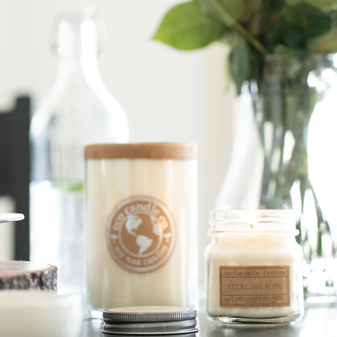 ECO CANDLE CO. Recycled Candle, Sterling Rose, 18 oz. Double Wick - Scents Of Green Notes, Fresh Cut Roses, Floral, & Musk - 100% Soy Wax, No Lead, Kraft Paper Label & Lid, Hand Made, Midwest Soybeans