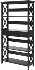 Furnifact Black 5 Tier Bookcase with Drawer, Modern Storage, Durable Particle Board, Non Lead Paint Finish, Home Office or Living Room Organizer