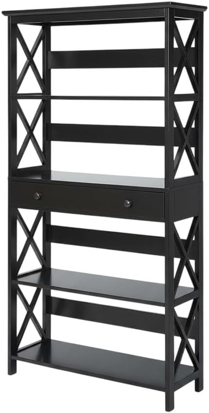 Furnifact Black 5 Tier Bookcase with Drawer, Modern Storage, Durable Particle Board, Non Lead Paint Finish, Home Office or Living Room Organizer