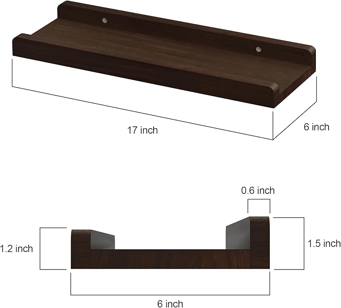 Love-KANKEI Floating Shelves Wall Mounted Set of 2, 17 Inch Rustic Wood Wall Shelves for Storage, Bedroom Living Room Bathroom Kitchen Office and More Dark Walnut