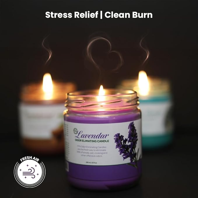 Odor Eliminating Candle Set (Lavender) - Pack of 2 (12oz) | 90 Hour Burn Time | Premium Soy Wax Candles | Eliminates 99% of Pet, Kitchen, & Smoke Odors | Eco-Friendly & Long-Lasting
