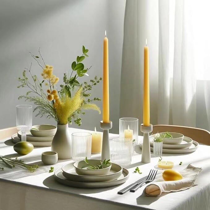 12-Inch Tall Dripless Taper Candles Set of 4 - Yellow Tapered Candles, Perfect for Spring - Smokeless, Unscented, Long Burning - Hand Poured, Colored Tall Candlesticks - Light Yellow