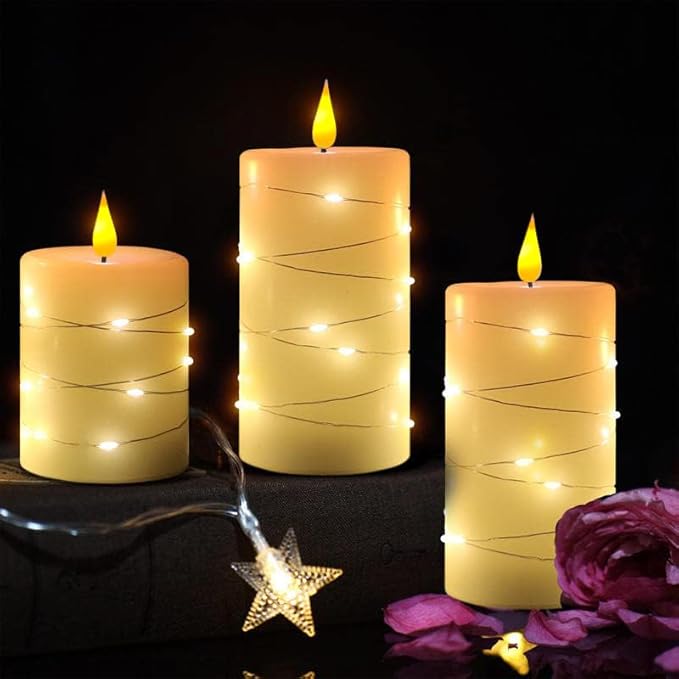 Rechargeable Flameless Candle, Flickering LED Pillar Real Wax Candle with Fairy Lights, Remote Control and Timer, Upgraded Teardrop Wick, Built-in Battery Electronic Candle, Set of 3