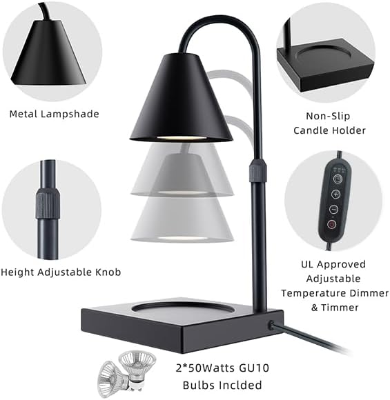 LALISU Candle Warmer Lamp, Stepless Dimming Candle Warmer Lamp with Timer & Dimmer Height Adjustable Compatible with Jars Scented Wax for Home Decor (Metal Base-Black)