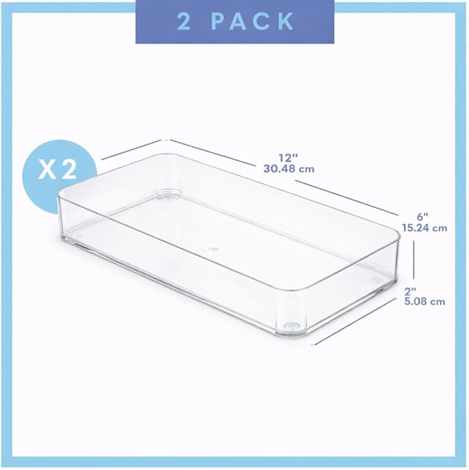 primebox Plastic Clear Acrylic Drawer Organizers. Bathroom, Kitchen, Bedroom, Utensils, Office Organizer Bins, Storage Trays. Heavy Duty, Stackable. 12" x 6" x 2" Set of 6