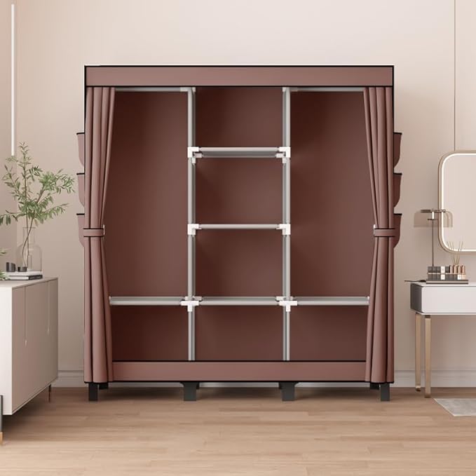 Portable Wardrobe, Easy Hanging Closet 6 Side Pockets Large Capacity Clothes Organizer Comes with 2 Hanging Poles and Storage Shelves, Width 130cm, Depth 45cm, Height 172cm (Coffee)