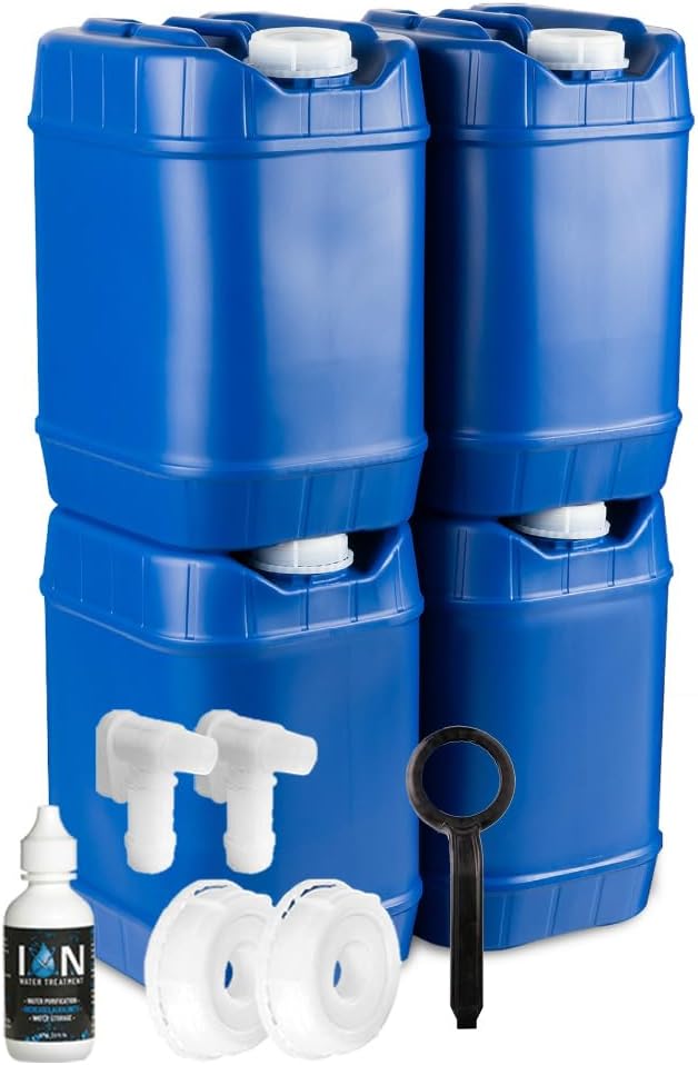 5-Gallon Stackable Water Storage Containers with Lids, Emergency Water Storage Kit Including Spigots, Wrench, and Water Preserver, 20 Gallons
