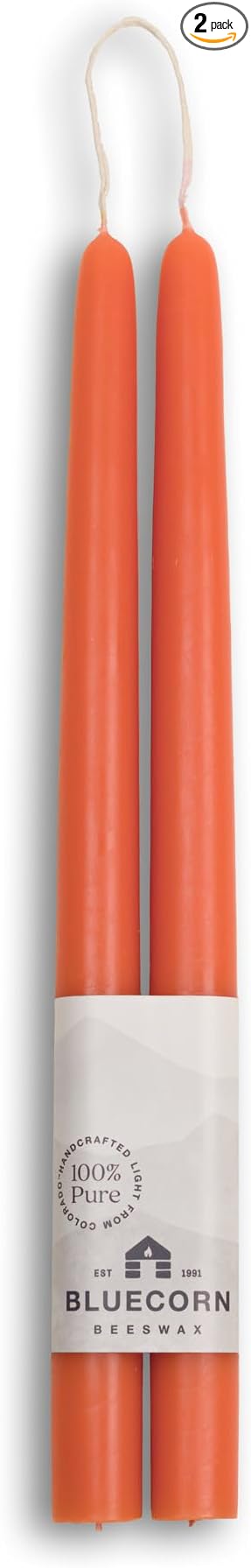 Bluecorn Beeswax Taper Candles, 100% Pure Natural Bees Wax, Pair of 12 Inch Orange Tapered Candlesticks, Clean Burning & Dripless, Fragrance Free, Long Lasting, Home Decor, American Made, 1 Count