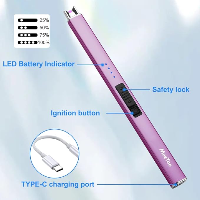 MeeToo Electric Candle Lighter Rechargeable Type-C - Gifts for Wife Men Women Nana, USB Plasma Arc Windproof Lighters for Candle Christmas Camping Kitchen Purple