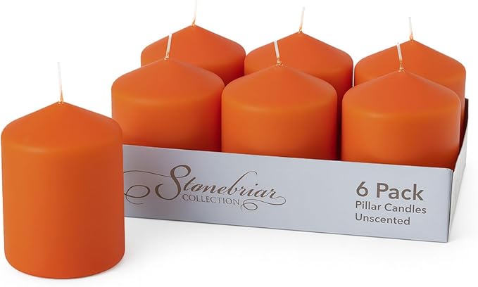 Stonebriar Unscented Pillar Candles – 35 Hour Burn Time, Long-Lasting Wax Candles for Weddings, Holidays, Home Décor & Special Events, Pack of 6, Orange, 3" x 4"