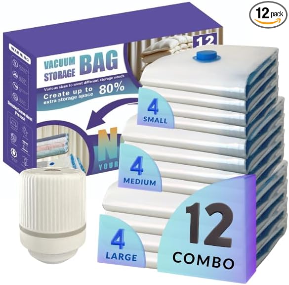 12 Pack Vacuum Storage Bags With Electric Pump, Compression Space Saver for Comforter, Bedding, Blanket Storage, Vacuum Seal Bags for Clothing, Luggage and Closet Organizer