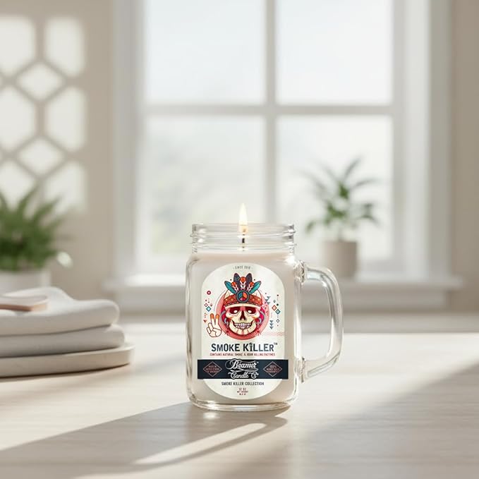 Smoke Killer Candle – Odor Eliminating, Strong Scent – Clean Fresh Scent with Light Floral Notes – Long Lasting 90 Hour Burn – Large 12oz Mason Jar – Made in USA – Beamer Candle Co.