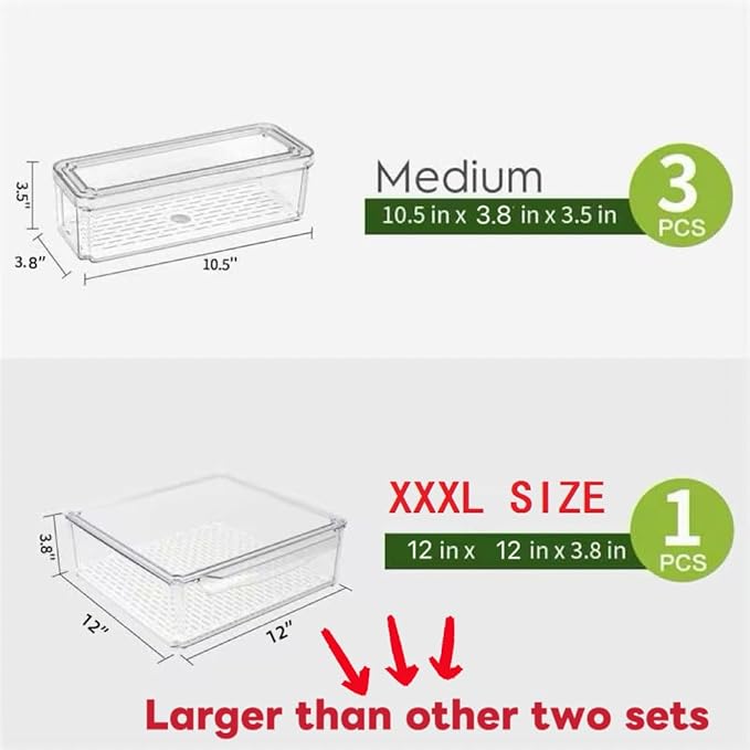 4 Pack Fridge Organizer, Stackable Refrigerator Organizer Bins with Lids, BPA-Free Fridge Organizers and Storage Containers for Fruit, Vegetable, Food, Drinks, Cereals, Clear
