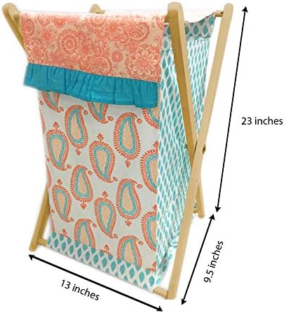 Bacati - Paisley Kids Storage (Laundary Hamper with Wooden Frame and Mesh Liner, Coral/Aqua)