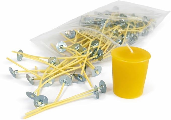 Votive Candle Wicks 80 Count – #2/0 Beeswax Coated Square Braid Cotton Wicks with Aluminum Base, 3" Candle Making Supplies