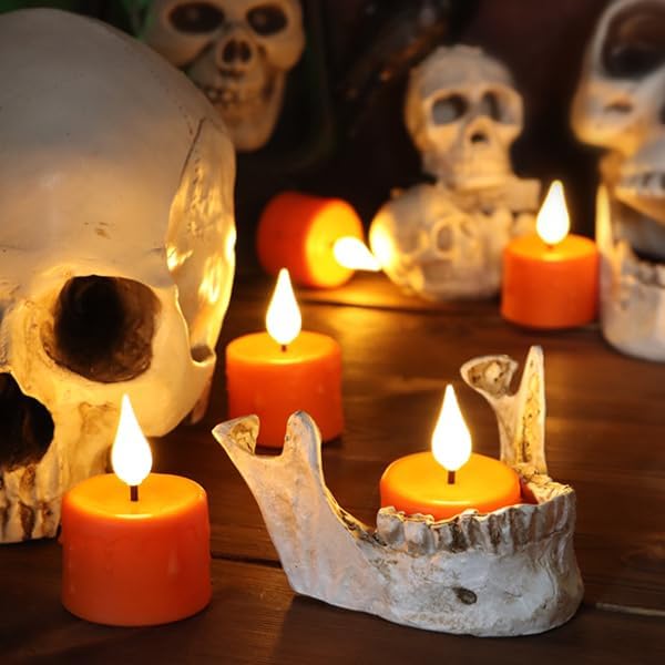 6 Pack Orange LED Tea Lights Rechargeable with Remote Control and Timer, Flickering Warm White Light, Flameless Candles with Charging Station and USB Cable