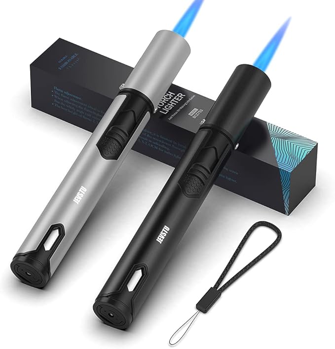 2 Pack Butane Lighter, Torch with Fuel Level Window, Adjustable Fire Jet Lighter for Fireplace, Windproof Pen for Candle Kitchen BBQ, Fluid not Included, Black & Sliver