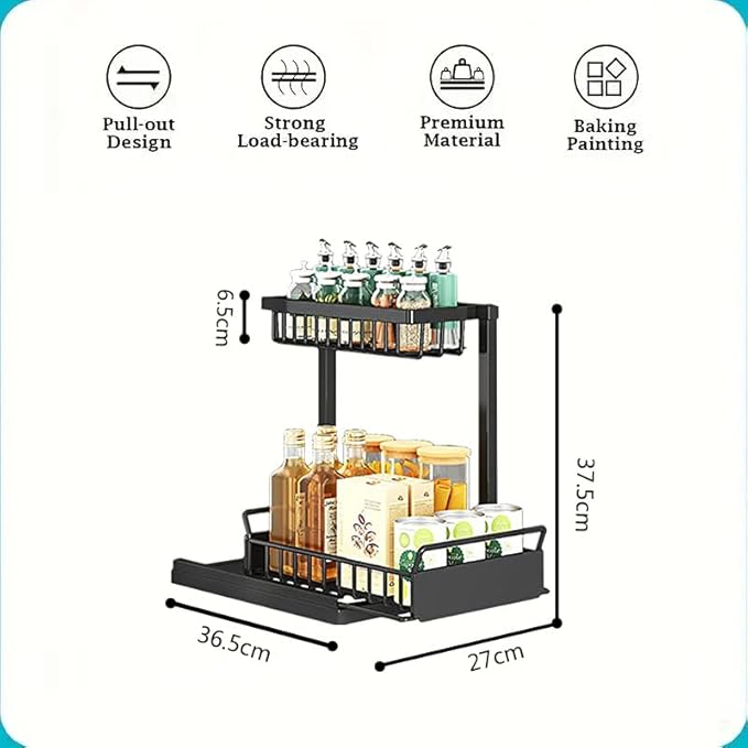 2-Tier Multi-Purpose Under Sink Pull Out Organizer with 4 Hooks, Drawer Style Sink Storage Rack Suitable for Kitchens, Bathrooms and Food Seasoning Bottle Storage Cabinets