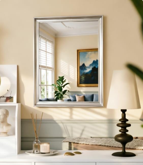 USHOWER Brushed Nickel Bathroom Mirrors for Over Sink 30x40 Inch, Metal Framed Rectangle Vanity Mirror for Wall, Bedroom, Living Room, Entryway, Anti-Rust, HD Tempered Glass, Horizontal/Vertical