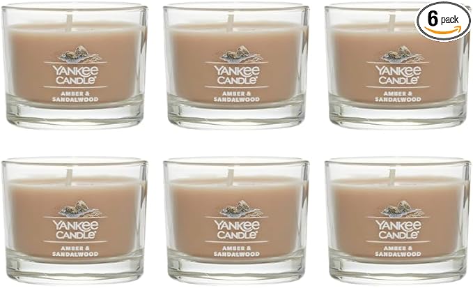 Yankee Candle Signature Votive Mini Candle Jar, Amber & Sandalwood Scent, Natural Soy Wax Blend Candle with Natural Fiber Wick, 1.3 OZ Glass Jar (Pack of 6)