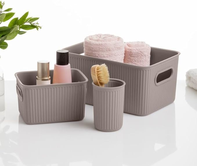 Superio Decorative Plastic Basket Open Home Storage Bins Organizer Baskets, Large Taupe (8 Pack) Container Boxes for Organizing Closet Storage Bins for Shelves Drawer Shelf, 15 Liter