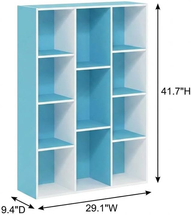Furnifact White Light Blue 11-Cube Reversible Open Shelf Bookcase, Durable Wood Construction, Versatile Storage Solution, Modern Design