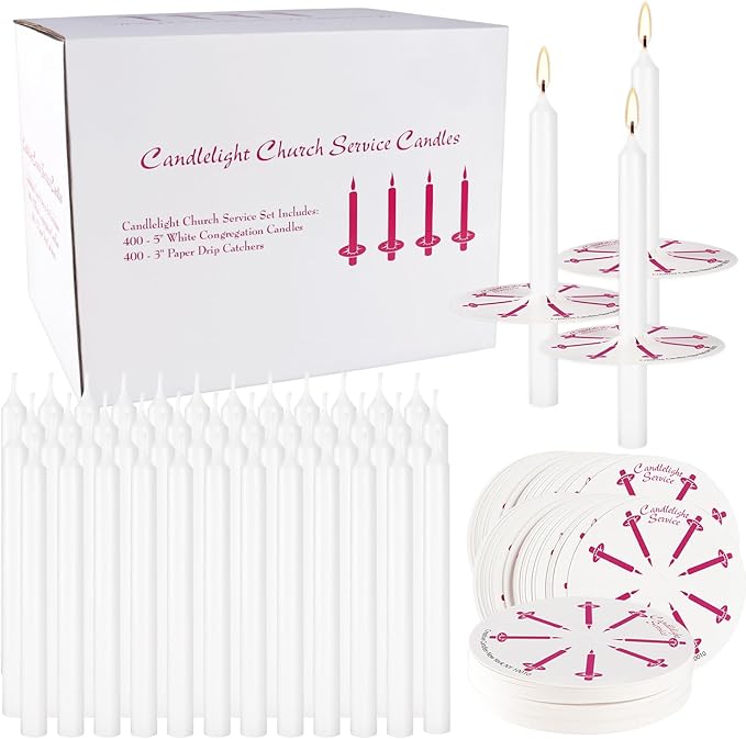 400Packs White Taper Candles, Unscented, with Paper Holder, Halloween, Shabbat, Vigil, Prayer Candles, Large Event Handheld Taper Candles Perfect Size.