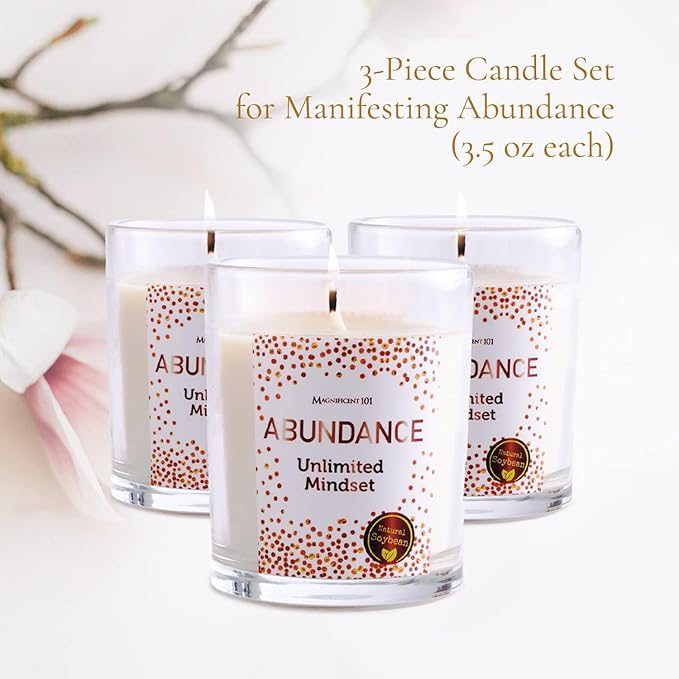 MAGNIFICENT 101 Abundance Mindset Smudge Candle Set - 3.5 Oz Each (3 Pack) - Abundance Unlimited Mindset - 42 Hr Burn for Energy Cleansing & Manifestation