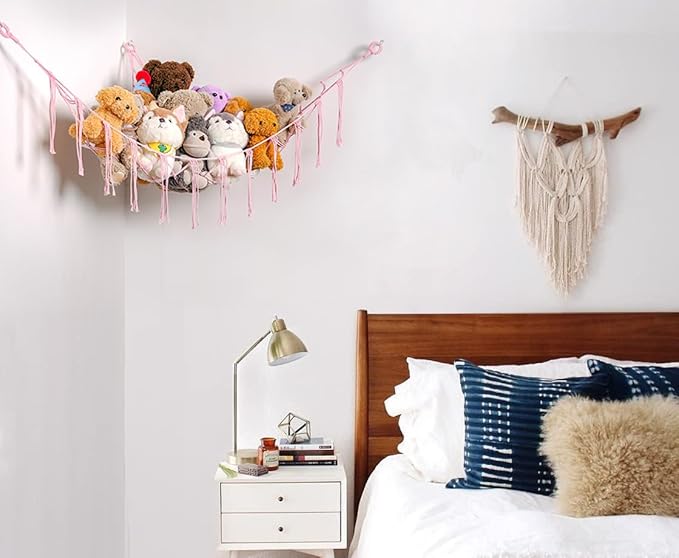 YKBU Stuffed Animals Hammock Corner Hanging Net with Wooden Beads Macrame Stuffed Animal Storage Ideas Plush Holder Toy Organizer for Boho Nursery Playroom Bedroom Kids Room Décor (light pink, Large)