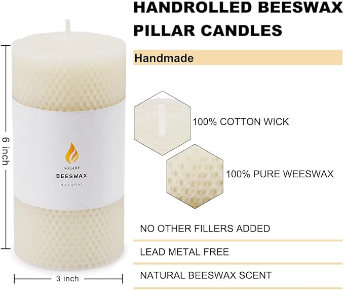 3PCS 3 * 6" Large Beeswax Pillar Candles,Handmade Pure Beeswax Rolled Candles, Dripless & Smokeless，White