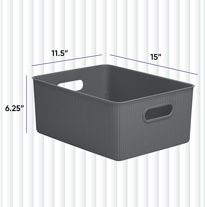 Superio Ribbed Collection - Decorative Plastic Basket Open Home Storage Bins Organizer, Large Grey (2 Pack) Container Boxes for Organizing Closet Storage Bins for Shelves 15 Liter/16 Quart